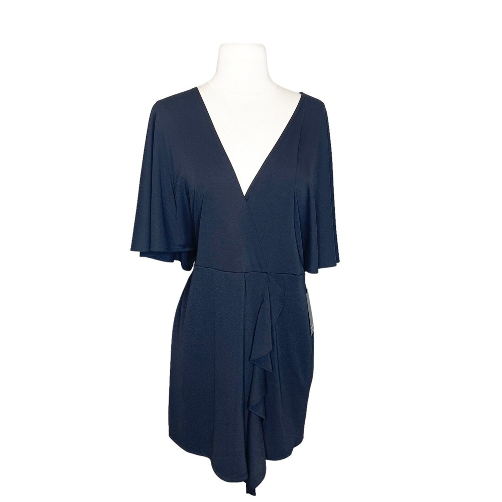 Free Press Womens Black V-Neck Ruffle Wrap Mini Dress Flutter Sleeve Size M NWT